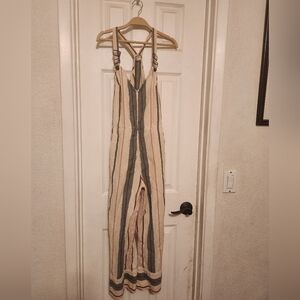 Striped Jumpsuit with Halter Neck.  LINEN BILLABONG WITH WRAP TIE BELT